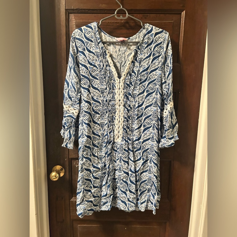 Lilly Pulitzer Blue and White Sundress with Cuffed Sleeves
